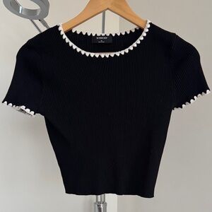 Black Ribbed Crop Top with White Scallop Trim